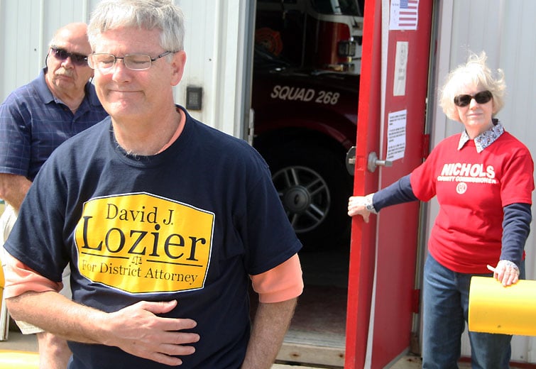 Republican District Attorney Candidate David Lozier maintains his composure after speaking with a difficult poll worker in New Sewickley who was supporting Commissioner Dennis Nichols. Lozier beat attorney Gerald Benyo to win the Republican nomination / photo by John Paul