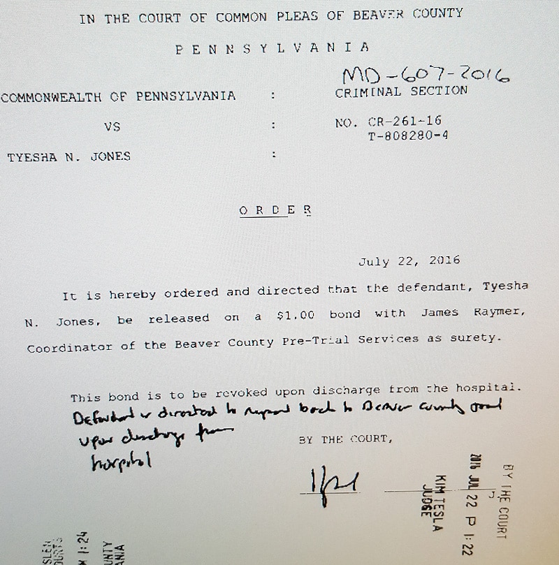 Order issued by Judge Kim Tesla granting $1 bond to Tyesha Jones